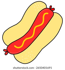 A vibrant cartoon hot dog with mustard in a bun, ideal for food illustrations, menus, and fast-food branding