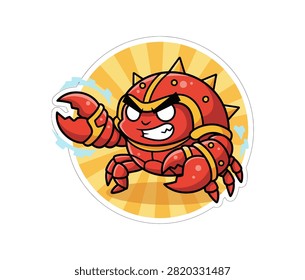 A vibrant cartoon illustration of an angry red crab wearing golden spikes and armor. The crab warrior is ready for battle against a yellow sunburst backdrop.