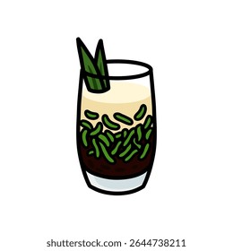 Ilustração vibrante em desenho animado de cendol, uma popular sobremesa do Sudeste Asiático. A bebida apresenta macarrão gelatinoso verde, leite de coco e xarope de açúcar de palma, enfeitado com folhas de pandã.