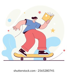 A vibrant cartoon illustration of a character skateboarding while engrossed in a book outdoors. Perfect for children's books, websites, blogs, or any project needing a playful, active image. 