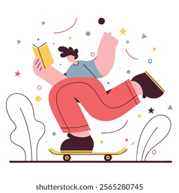 A vibrant cartoon illustration of a character skateboarding while engrossed in a book outdoors. Perfect for children's books, websites, blogs, and educational materials related to reading,