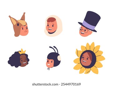 Vibrant Cartoon Illustration Of Children Faces In Animal And Carnival Costumes Featuring Joyful Expressions. Kids Showcase Imagination And Playfulness Through Costumes Of Animals And Fantasy Elements