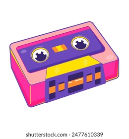 Vibrant cartoon illustration of colorful cassette tape, y2k aesthetic, perfect for retro-themed designs, music graphics, and playful decor.