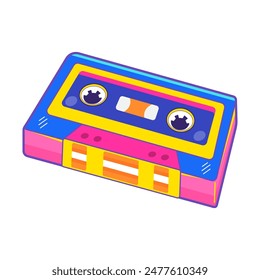 Vibrant cartoon illustration of colorful cassette tape, y2k aesthetic, perfect for retro-themed designs, music graphics, and playful decor.