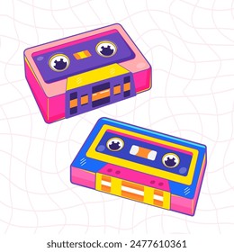 Vibrant cartoon illustration of colorful cassette tapes, y2k aesthetic, perfect for retro-themed designs, music graphics, and playful decor.