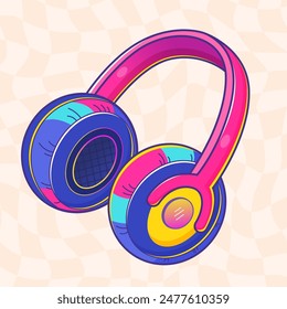 Vibrant cartoon illustration of colorful headphones, y2k aesthetic, perfect for retro-themed designs, music graphics, and playful decor.