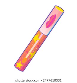 Vibrant cartoon illustration of colorful lip gloss tube, y2k aesthetic, perfect for retro-themed designs, playful decor, and nostalgic graphics.