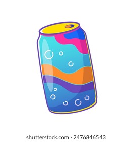 Vibrant cartoon illustration of colorful soda can, y2k aesthetic, perfect for retro-themed designs, playful decor, and nostalgic graphics.