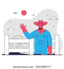 A vibrant cartoon illustration of a cowboy near a wooden fence. Perfect for children's books, websites,