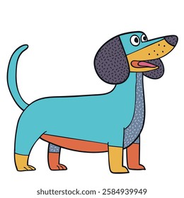 Vibrant cartoon illustration of a dachshund with a multicolored body, exaggerated features, and a happy expression, drawn in a modern artistic style.