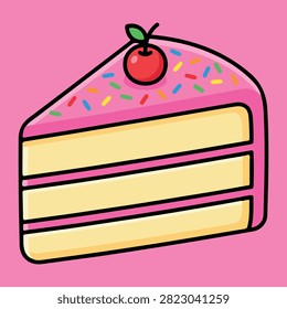 A vibrant cartoon illustration of a delicious slice of cake with pink frosting, colorful sprinkles, and a bright red cherry on top, set against a solid pink background.