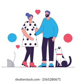 A vibrant cartoon illustration depicting a happy couple in a colorful geometric style. Perfect for websites, blogs, greeting cards, 