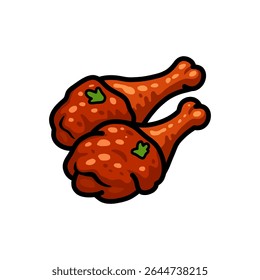 Uma vibrante ilustração de desenho animado retrata duas pernas de frango assadas, ornamentadas com ervas, contra um fundo branco.  A imagem é um close-up, mostrando os detalhes da comida.