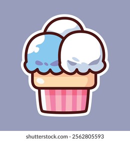 A vibrant cartoon illustration of a double scoop ice cream cone with white and blue scoops, set against a purple background. Perfect for dessert-themed designs and playful artwork.