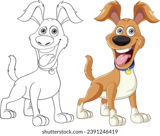 A vibrant cartoon illustration of an enthusiastic dog with a corresponding doodle outline for coloring
