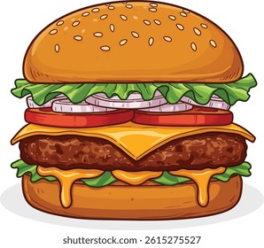 vibrant cartoon illustration features a delicious-looking hamburger stacked with classic ingredients