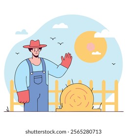 A vibrant cartoon illustration featuring a cheerful cowboy standing by a wooden fence. Perfect for children's books, websites, 