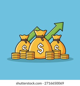 Vibrante ilustración de dibujos animados con tres bolsas de dinero amarillas marcadas con signos de dólar, acompañadas de pilas de monedas de oro brillantes y una flecha verde ascendente, que simbolizan el crecimiento financiero y la prosperidad.