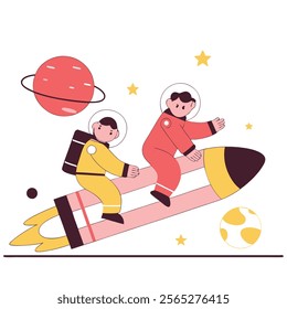 A vibrant cartoon illustration featuring two astronauts enjoying a thrilling ride through space. Perfect for children's books, websites, games, and any project needing a fun, adv