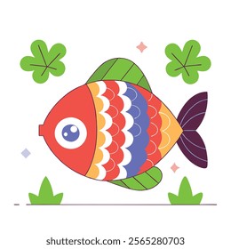 A vibrant cartoon illustration of a fish with colorful scales, yellow fins, and large eyes. Perfect for children's books, websites, or any project needing a cheerful aquatic element