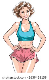 A vibrant cartoon illustration of a fit woman in a blue sports bra and pink shorts, showcasing toned abs. She smiles confidently, embodying an active and healthy lifestyle.