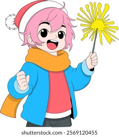 A vibrant cartoon illustration of a girl with pink hair wearing a Santa hat, blue jacket, orange scarf, and red sweater, joyfully holding a bright sparkler.