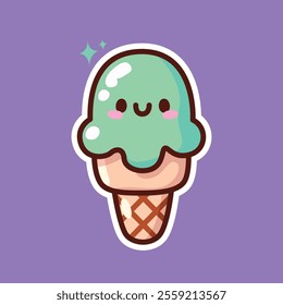 A vibrant cartoon illustration of a green ice cream cone with a small sparkle, set against a purple background. Perfect for dessert-themed designs and summer treats.