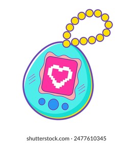 Vibrant cartoon illustration of heart with digital pocket pet game, y2k aesthetic, perfect for retro-themed designs, playful decor, and nostalgic graphics.