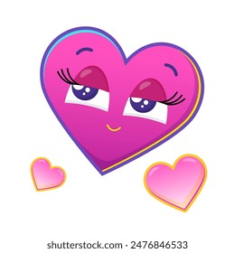 Vibrant cartoon illustration of heart with a smiling face and expressive eyes, y2k aesthetic, perfect for retro-themed designs, playful decor, and nostalgic graphics.