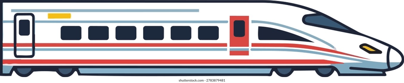 A vibrant cartoon illustration of a high-speed train, featuring a streamlined design with red stripes on a white body.