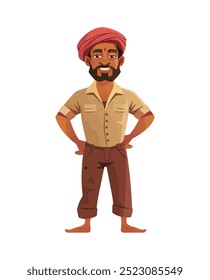 Una vibrante ilustración de dibujos animados de un agricultor indio con un atuendo tradicional con un turbante rojo y una sonrisa confiada. Ideal para la agricultura, el estilo de vida rural o proyectos y diseños de temática cultural