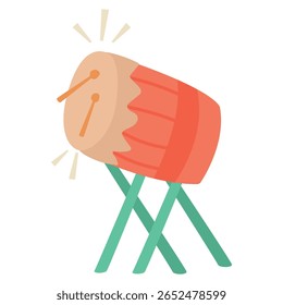 Vibrant cartoon illustration of an Indonesian Bedug drum with drumsticks. Islamic Ramadan and Eid Al-Fitr flat vector illustration for greeting card, invitations, and design elements.