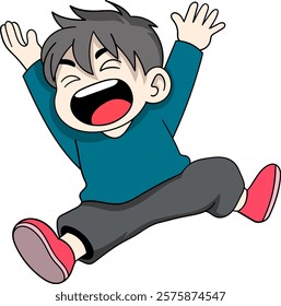 A vibrant cartoon illustration of a joyful boy jumping with arms raised and a wide smile, showcasing excitement and energy.