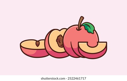 Vibrant Cartoon Illustration of a Juicy Peach and Its Slices on a Soft Pink Background