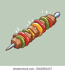 A vibrant cartoon illustration of a kebab skewer with alternating slices of grilled meat and colorful vegetables.