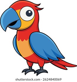 A vibrant cartoon illustration of a macaw parrot, featuring bright red, blue, and orange plumage, set against a stark black backdrop.