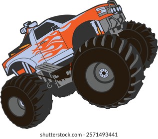 A vibrant cartoon illustration of a monster truck, designed for print or digital use.