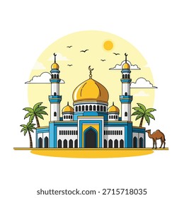 Vibrante ilustración de dibujos animados de una mezquita con una cúpula dorada, arquitectura azul y blanca, altos minaretes, palmeras y un camello.