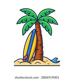 A vibrant cartoon illustration of a palm tree with a surfboard leaning against its trunk on a sandy beach with a small wave.