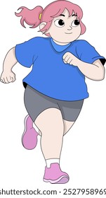 A vibrant cartoon illustration of a plus-size girl with pink hair, running in a blue shirt and gray shorts as part of her fitness routine
