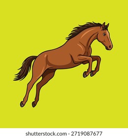 Animação vibrante Ilustração de um poderoso cavalo marrom saltando com energia e graça contra um fundo brilhante