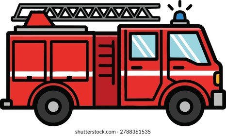 A vibrant cartoon illustration of a red fire truck, complete with a ladder on top and a blue siren, ready for emergency response.