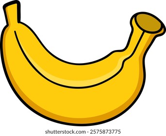 A vibrant cartoon illustration of a ripe yellow banana with a smooth peel and bold black outline, giving it a playful and eye catching appearance