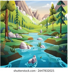 Vibrant cartoon illustration of a serene river flowing through a lush green valley. Tall trees line the banks, and majestic mountains rise in the background under a soft and clear sky. 