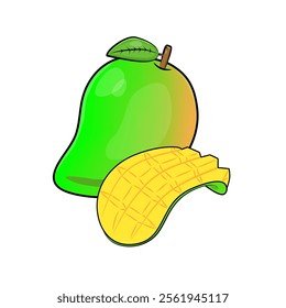 A vibrant cartoon illustration showcases a whole green mango alongside a peeled segment revealing its juicy yellow flesh 