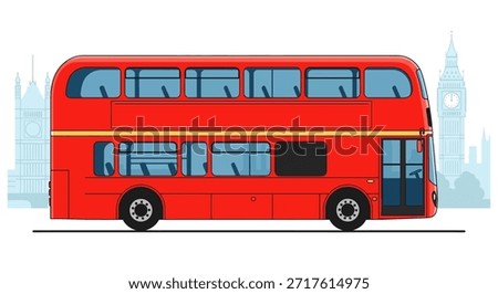 A vibrant cartoon illustration showcasing a red double-decker bus with a simplified London skyline backdrop. Perfect for travel-related content, educational materials, or designs seeking a touch of