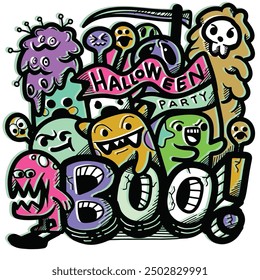 Vibrant cartoon illustration showcasing a variety of monsters and characters celebrating with "Halloween Party" and "Boo!" text, designed with a dynamic offset effect for a festive and lively scene.
