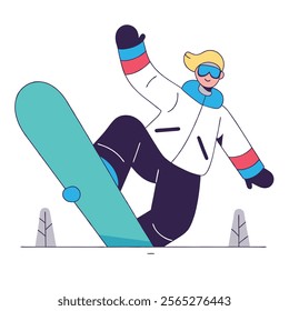 A vibrant cartoon illustration of a snowboarder performing a dynamic mid-air jump. Ideal for websites, blogs, or marketing materials related to winter sports, snowboarding, 