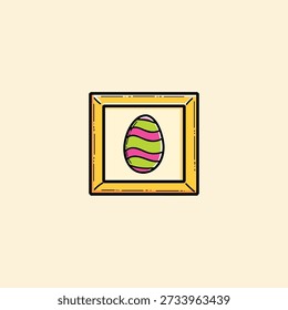 Vibrante ilustración de dibujos animados de un huevo de Pascua a rayas enmarcado en un marco amarillo audaz. Perfecto para la decoración de primavera, campañas de Pascua, y regalos familiares o exhibiciones de Galería.