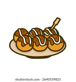 A vibrant cartoon illustration of takoyaki, a Japanese food, displayed on a plate.  The food is depicted in a stylized, outlined manner, with a focus on the food's texture and sauce